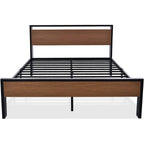 Queen Metal Platform Bed with Walnut Finish Wood Panel Headboard Footboard