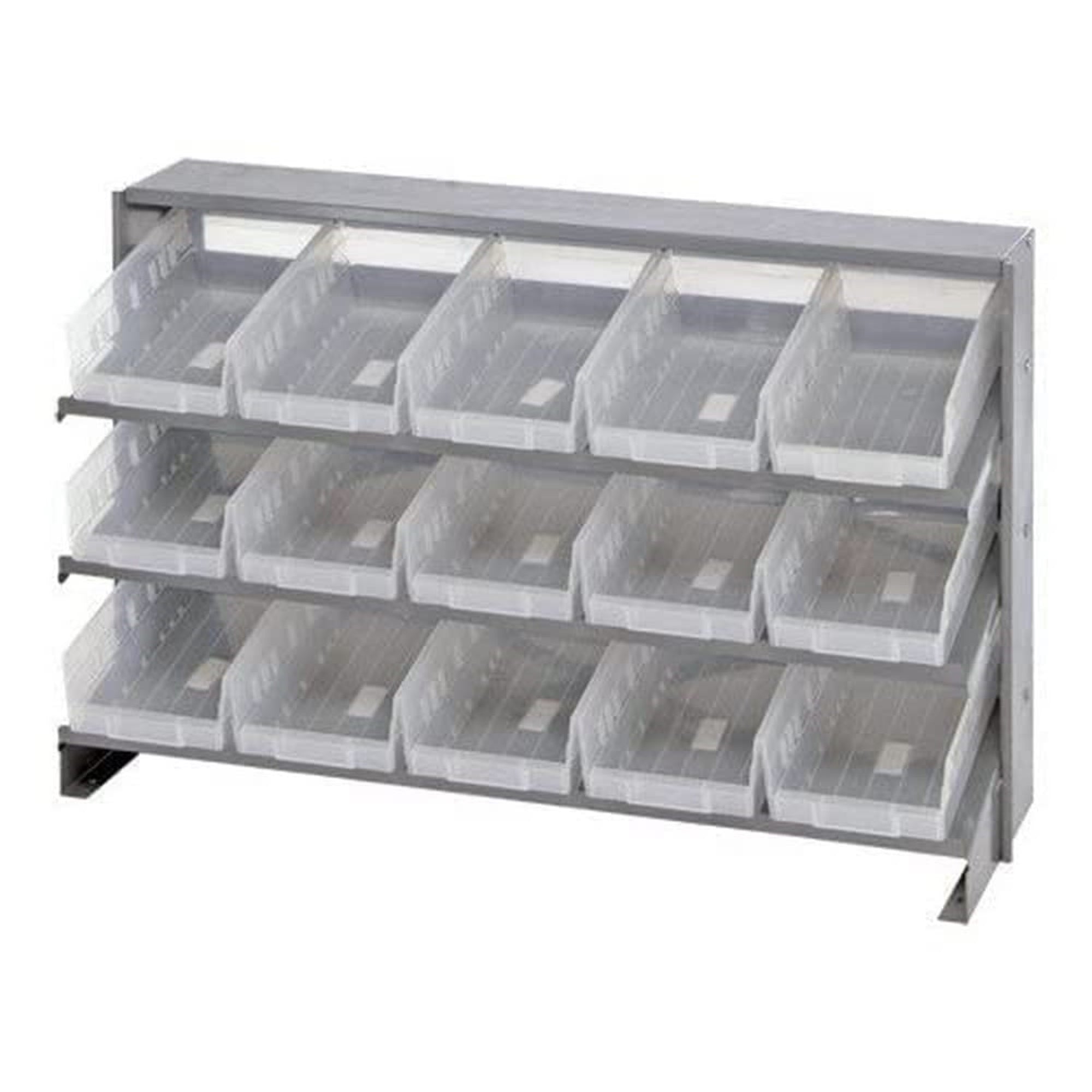 Pick Rack, slopped, bench style, 12-1/2L x 36W x 23H, 250 lbs. capacity, (3) shelves configuration, includes: (15) QSB102 clear 