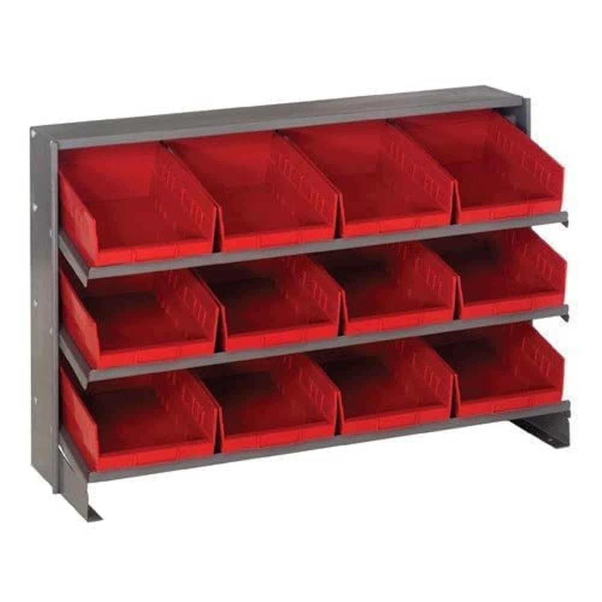Pick Rack, slopped, bench style, 12-1/2L x 36W x 23H, 250 lbs. capacity, (3) shelves configuration, includes: (12) QSB107 red bi
