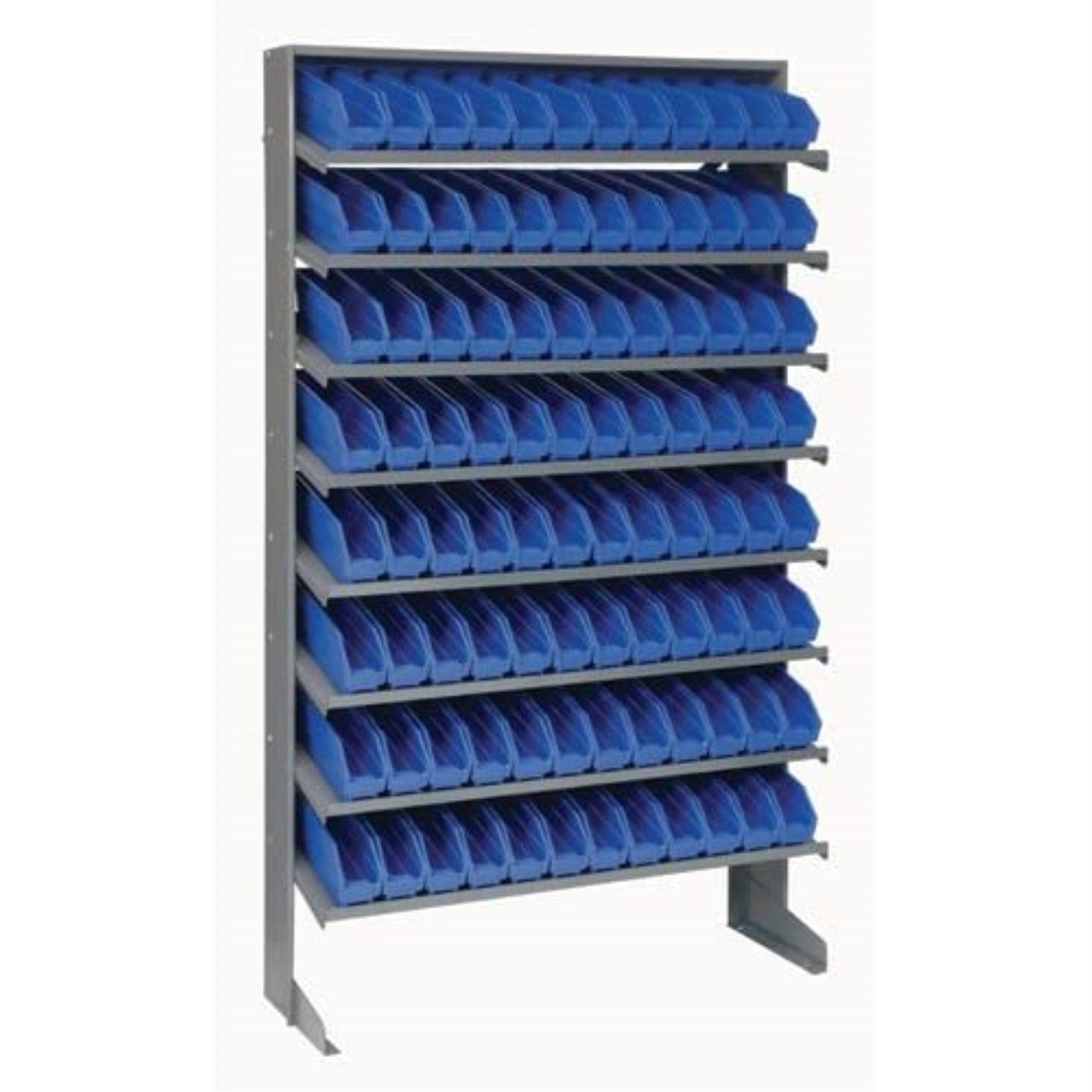 Pick Rack, slopped, single sided, 12D x 36W x 60H, 400 lbs. capacity, includes: (8) shelves and (96) QSB100 blue bins, galvanize