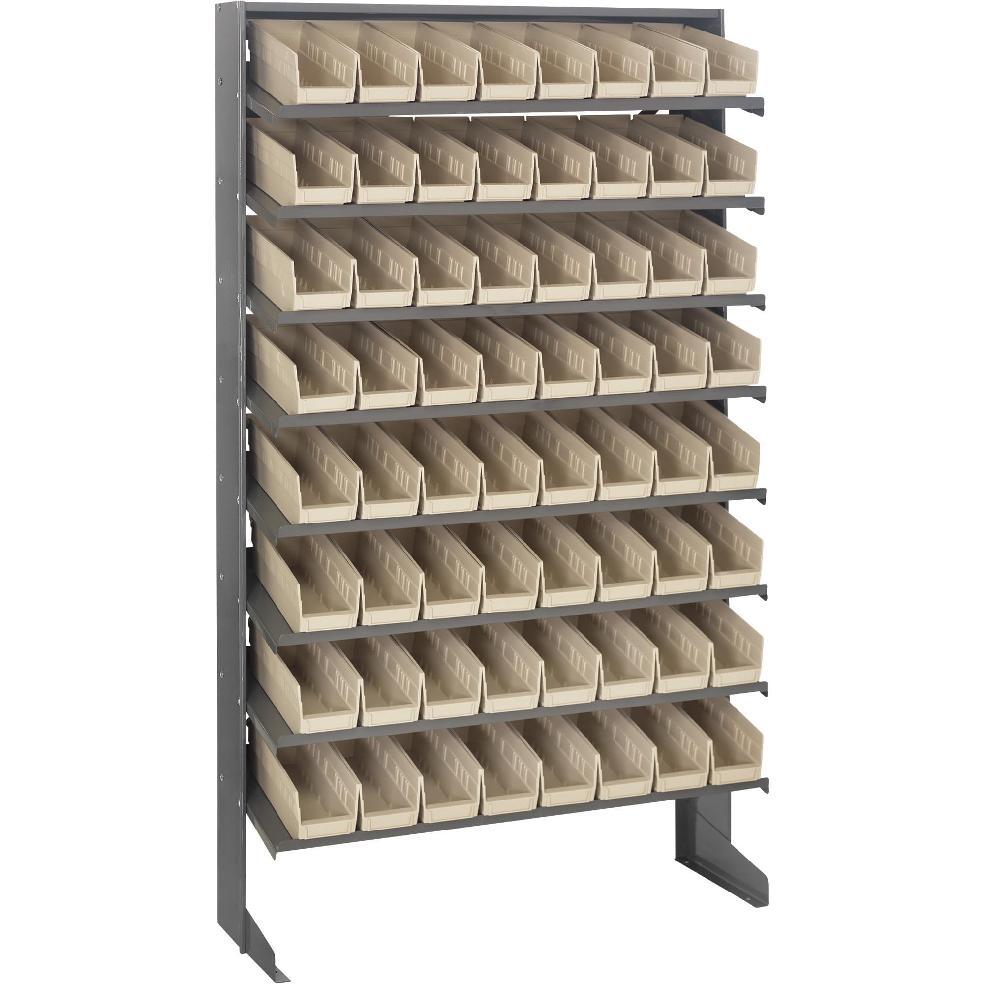 Pick Rack, slopped, single sided, 12D x 36W x 60H, 400 lbs. capacity, includes: (8) shelves and (64) QSB101 ivory bins, galvaniz