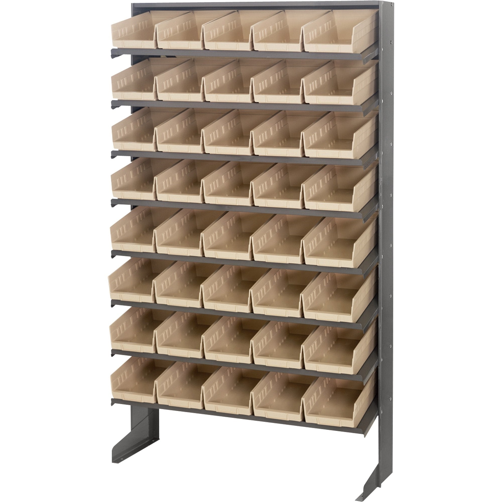 Pick Rack, slopped, single sided, 12D x 36W x 60H, 400 lbs. capacity, includes: (8) shelves and (40) QSB102 blue bins, galvanize