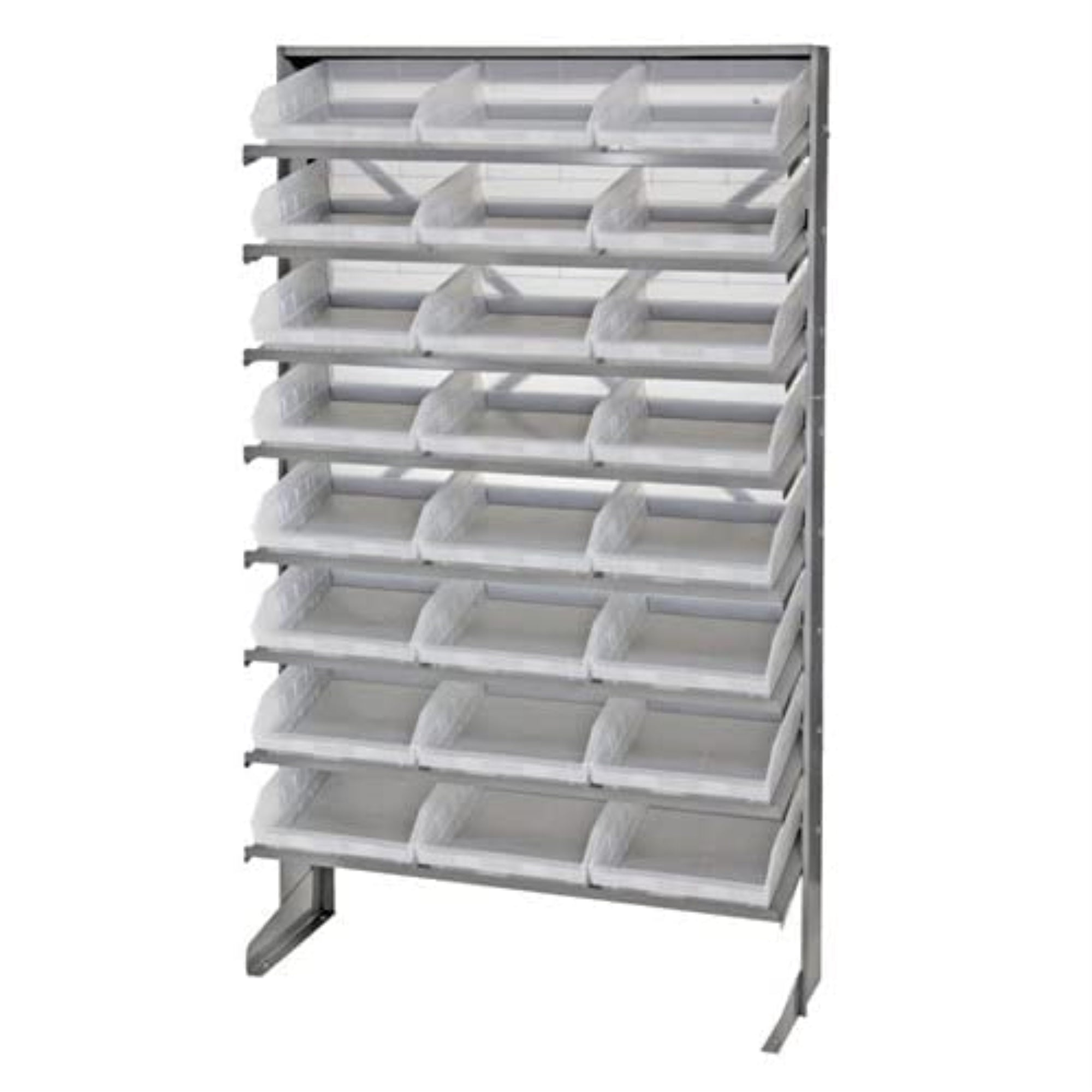 Pick Rack, slopped, single sided, 12D x 36W x 60H, 400 lbs. capacity, includes: (8) shelves and (24) QSB109 clear bins, galvaniz