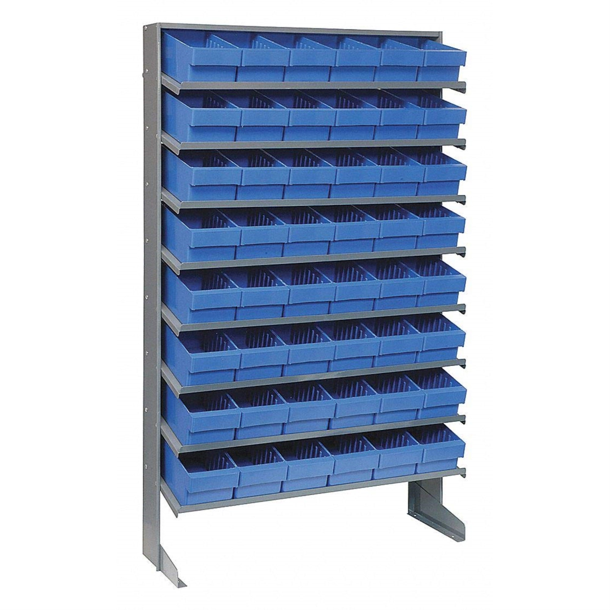Pick Rack, slopped, single sided, 12D x 36W x 63-1/2H, 400 lbs. capacity, includes: (8) shelves and (48) QED601 blue bins, galva