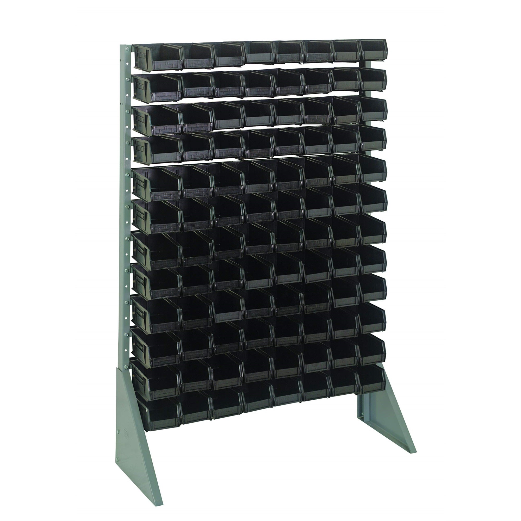 Rail Rack, single sided, 36L x 15W x 53H, 600 lbs load capacity, includes: (12) rails and (96) QUS220 black bins, galvanized ste