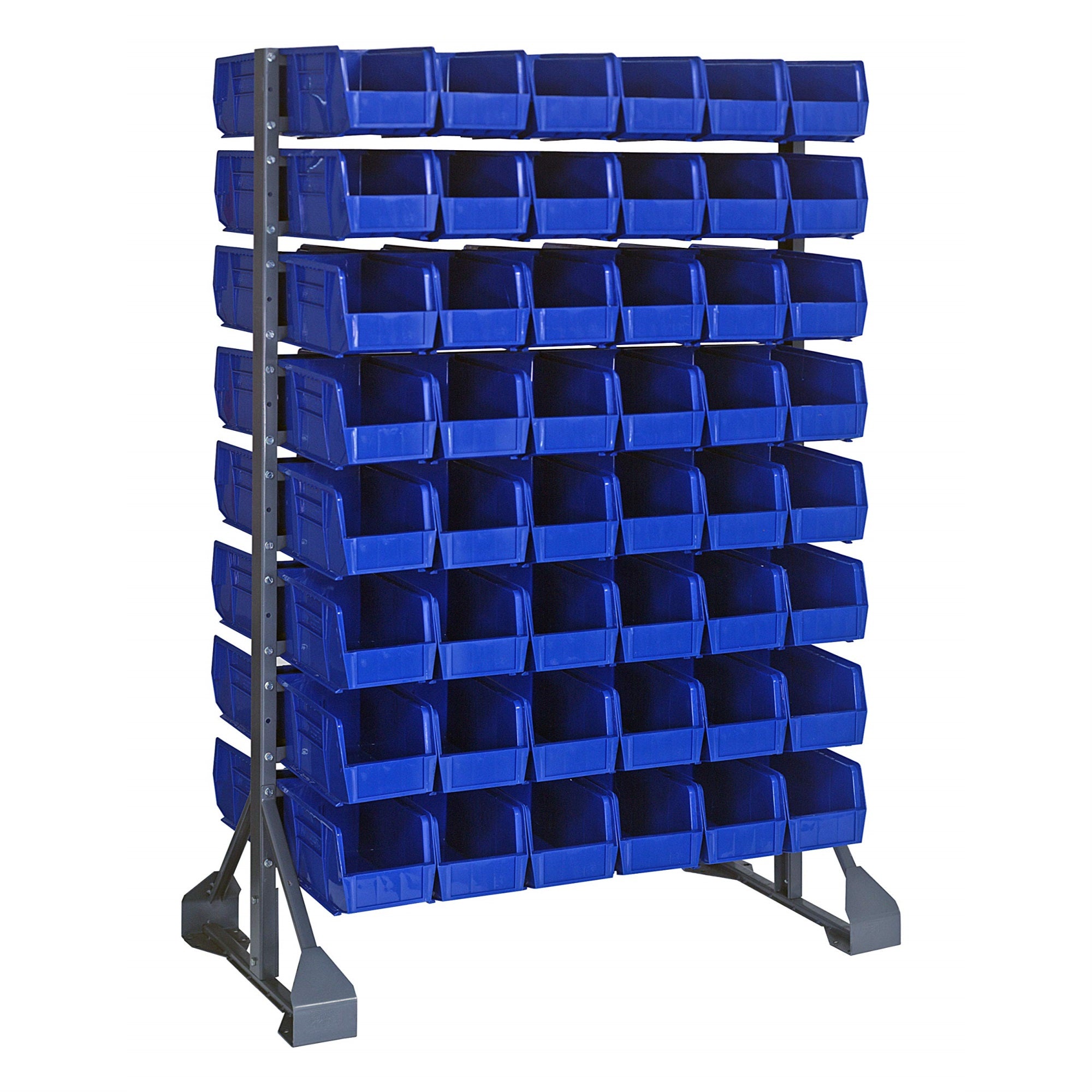 Rail Rack, double sided, 36L x 20W x 53H, 1500 lbs load capacity, includes: (16) rails and (96) QUS230 blue bins, galvanized ste