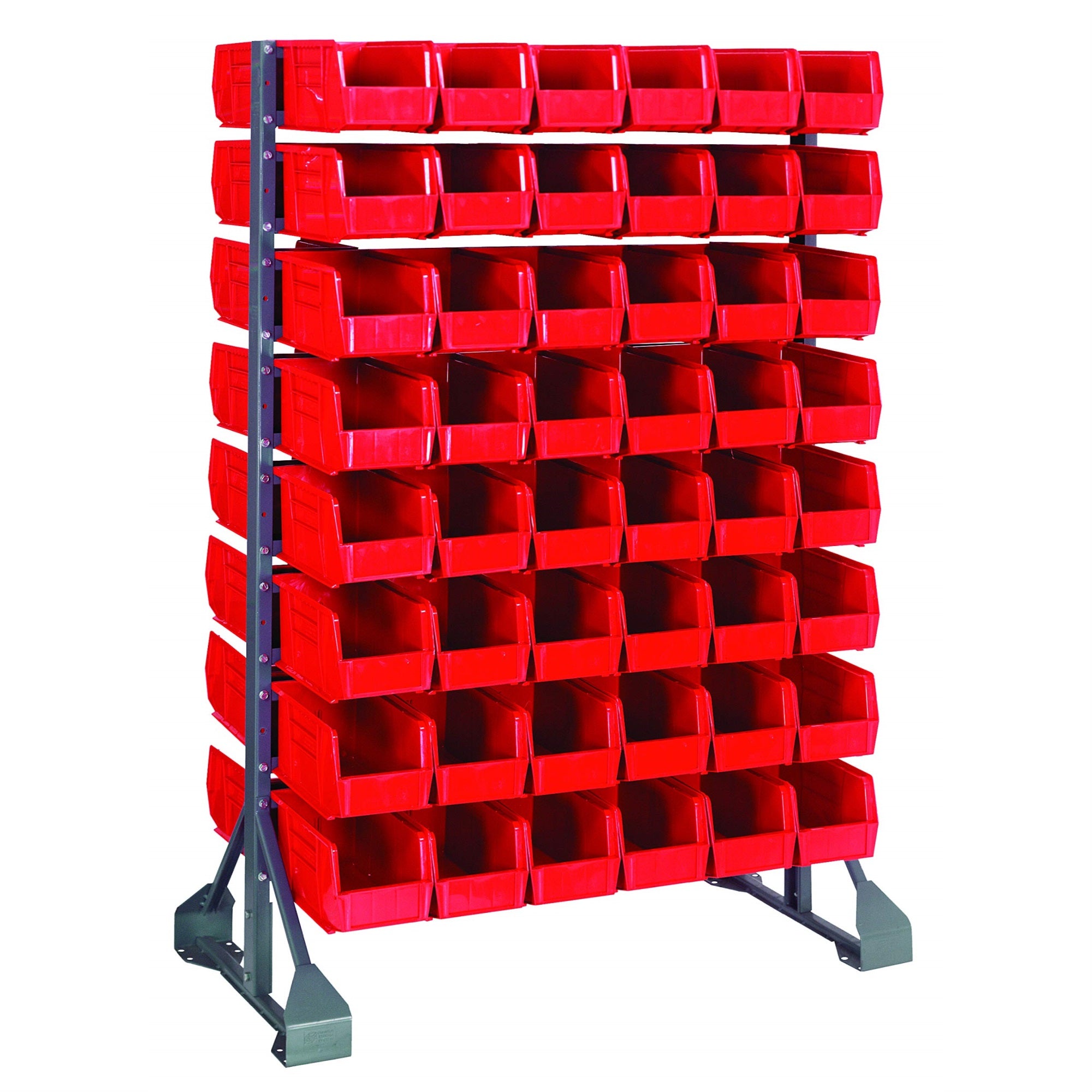 Rail Rack, double sided, 36L x 20W x 53H, 1500 lbs load capacity, includes: (16) rails and (96) QUS230 red bins, galvanized stee
