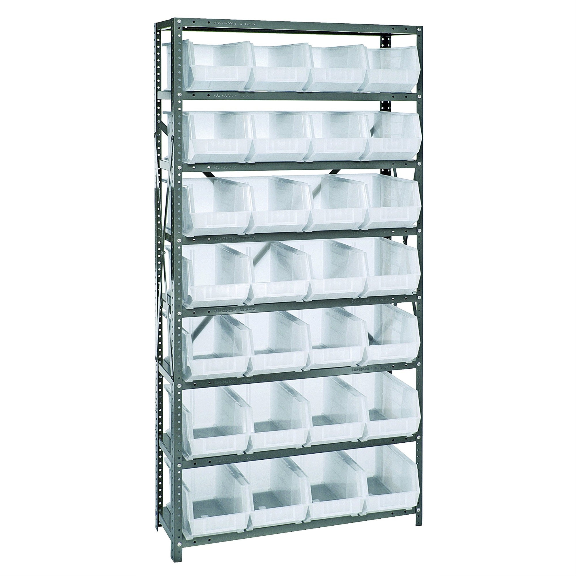 Shelving Unit, 12D x 36L x 75H, heavy duty, 400 lb. load capacity per shelf, includes: (8) shelves and (28) QUS240 clear bins, u