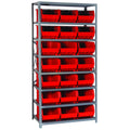 Shelving Unit, 18D x 36L x 75H, heavy duty, 400 lb. load capacity per shelf, includes: (8) shelves and (21) QUS255 red bins, upr
