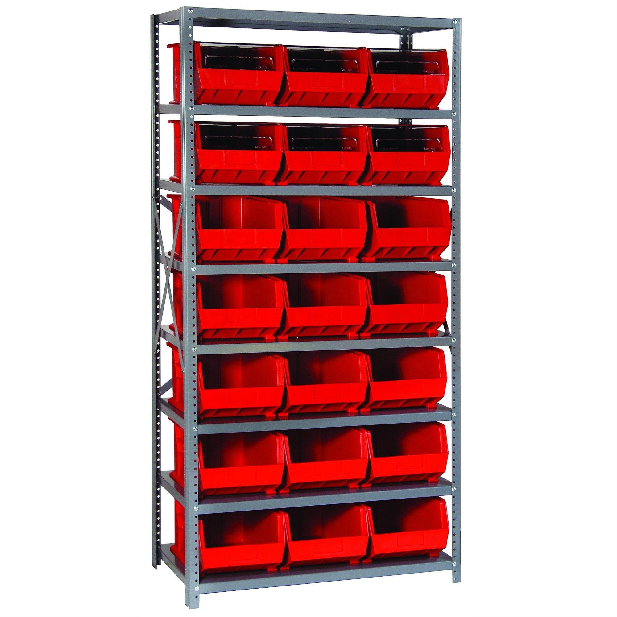 Shelving Unit, 18D x 36L x 75H, heavy duty, 400 lb. load capacity per shelf, includes: (8) shelves and (21) QUS255 red bins, upr
