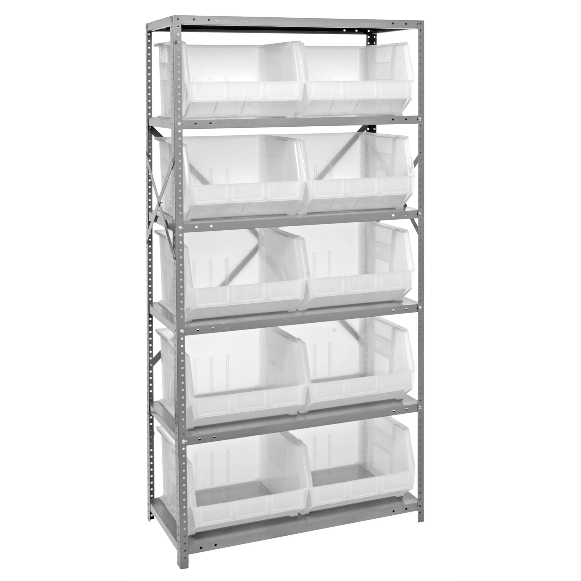 Shelving Unit, 18D x 36L x 75H, heavy duty, 400 lb. load capacity per shelf, includes: (6) shelves and (10) QUS270 clear bins, u