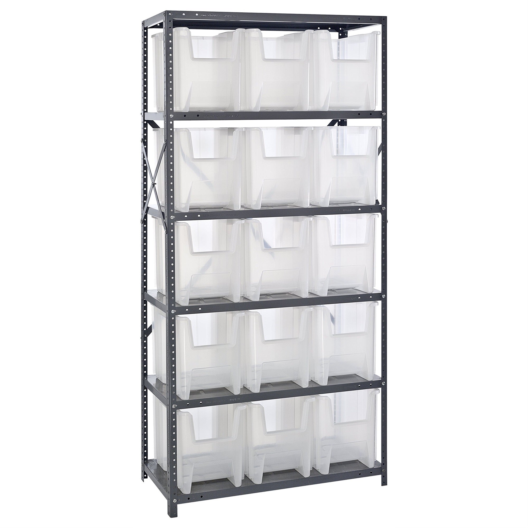 Shelving Unit, 18D x 36L x 75H, heavy duty, 400 lb. load capacity per shelf, includes: (6) shelves and (15) QGH600 clear bins, u