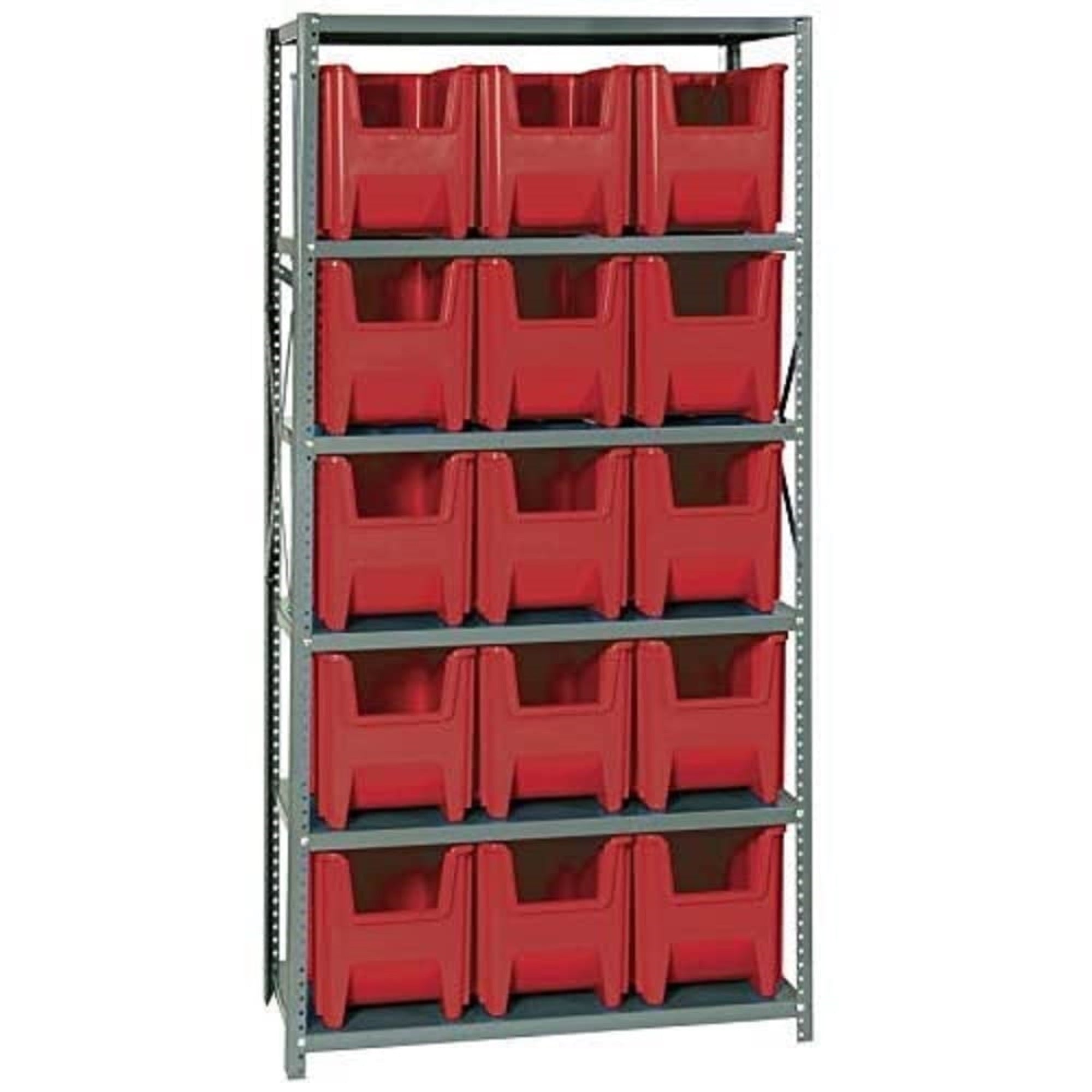 Shelving Unit, 18D x 36L x 75H, heavy duty, 400 lb. load capacity per shelf, includes: (6) shelves and (15) QGH600 red bins, upr