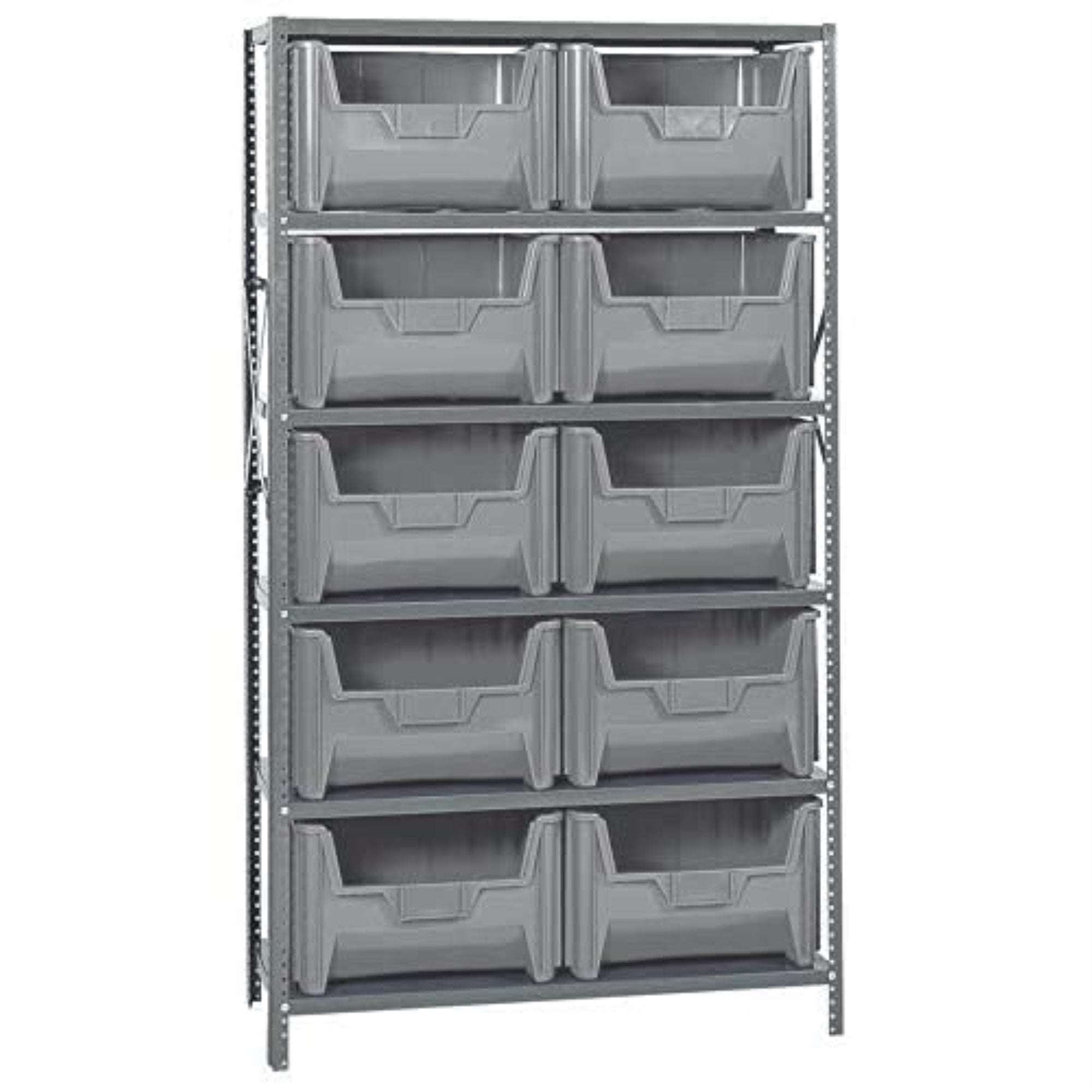 Shelving Unit, 18D x 42L x 75H, heavy duty, 400 lb. load capacity per shelf, includes: (6) shelves and (10) QGH700 gray bins, up