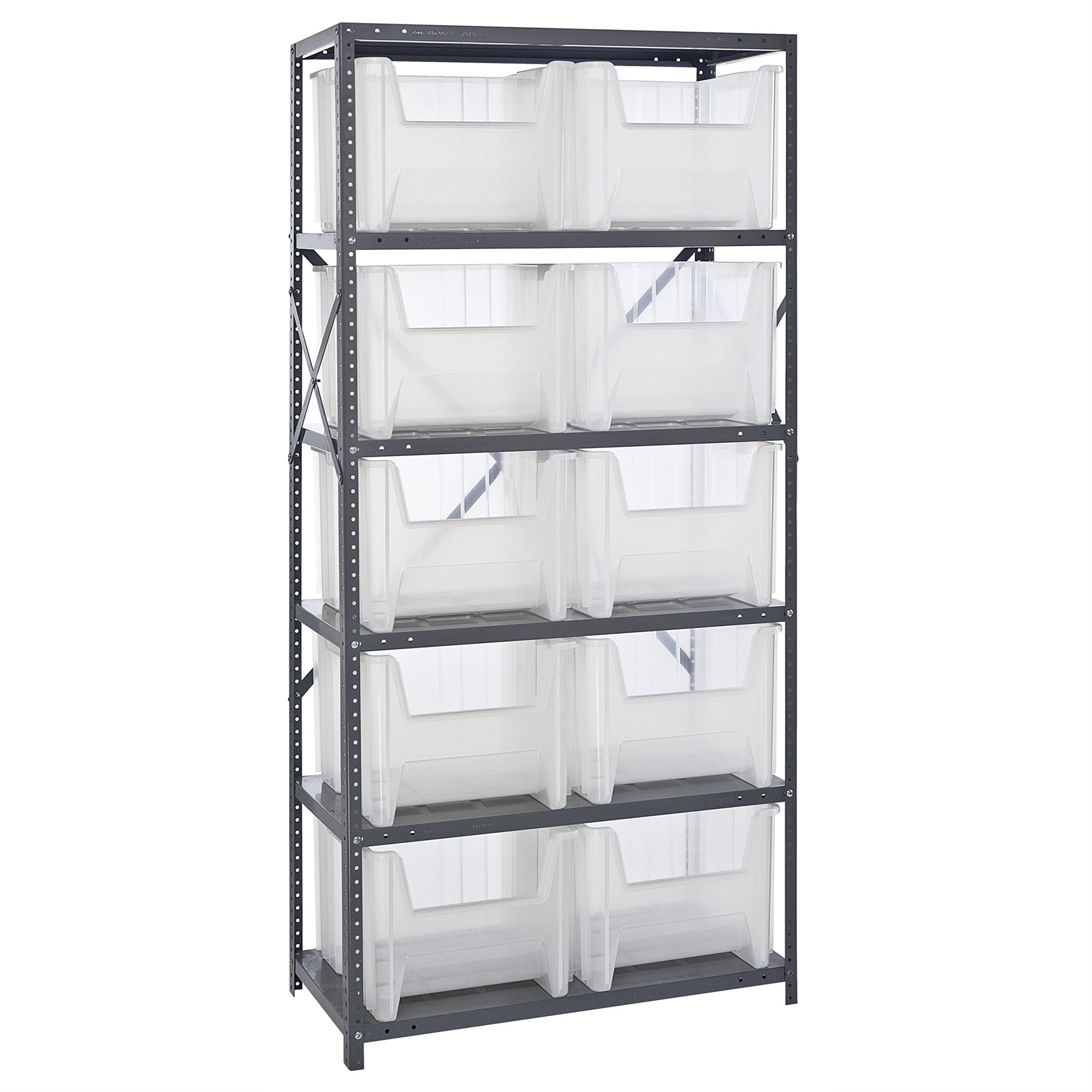 Shelving Unit, 18D x 36L x 75H, heavy duty, 400 lb. load capacity per shelf, includes: (6) shelves and (10) QGH800 clear bins, u