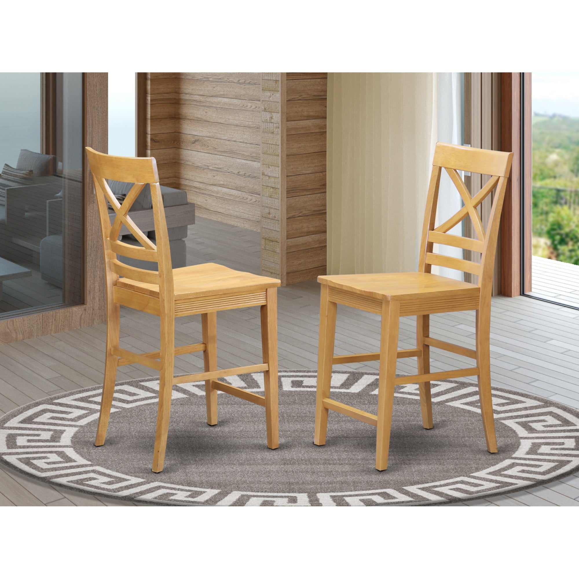 East West Furniture QUS-OAK-W Quincy Counter-Height Bar Stool - Pub Height Wooden Chairs, Set of 2, Oak