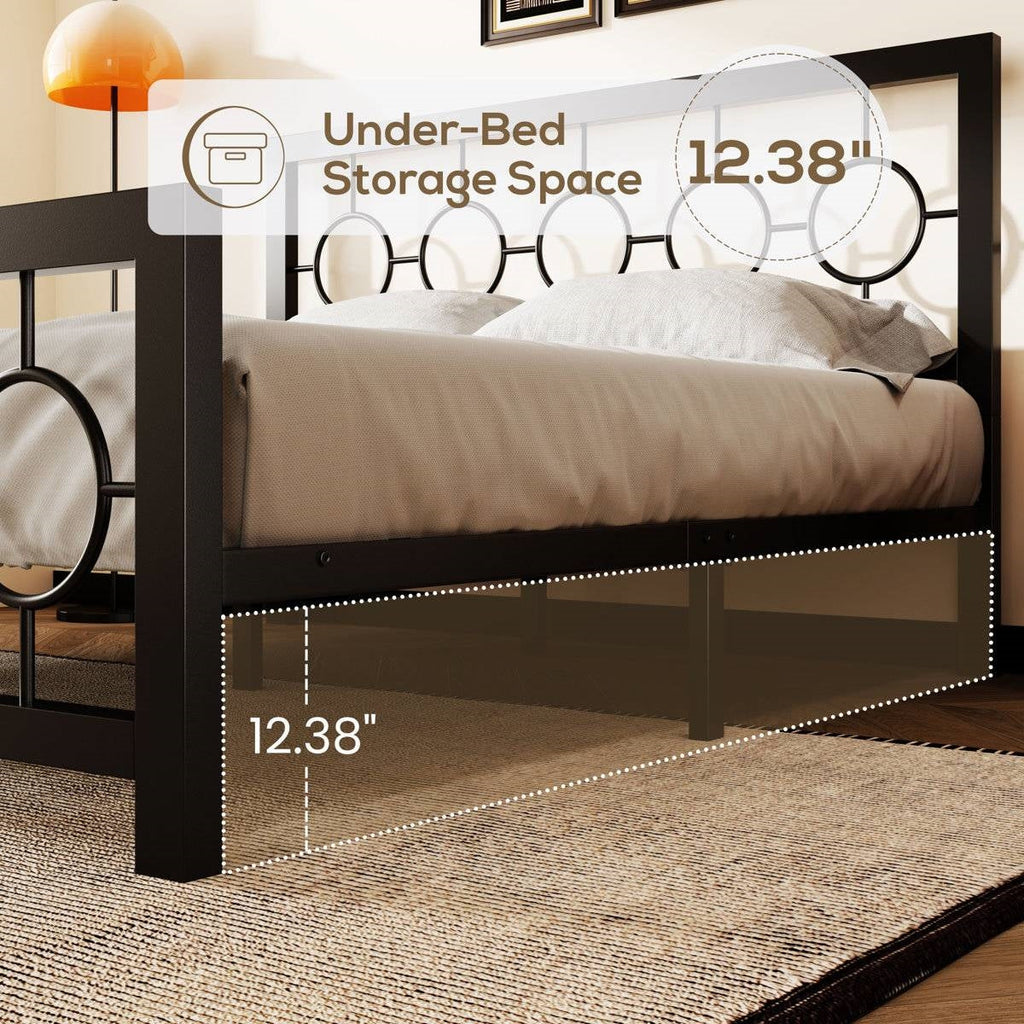 Queen Black Metal Platform Bed Frame with Circle Medallion Headboard Footboard