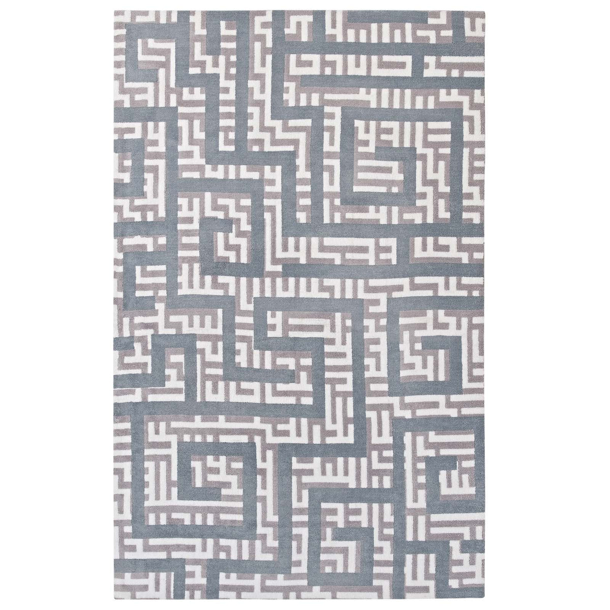 Nahia Geometric Maze 5X8 Area Rug  Ivory, Light Gray And Sky Blue