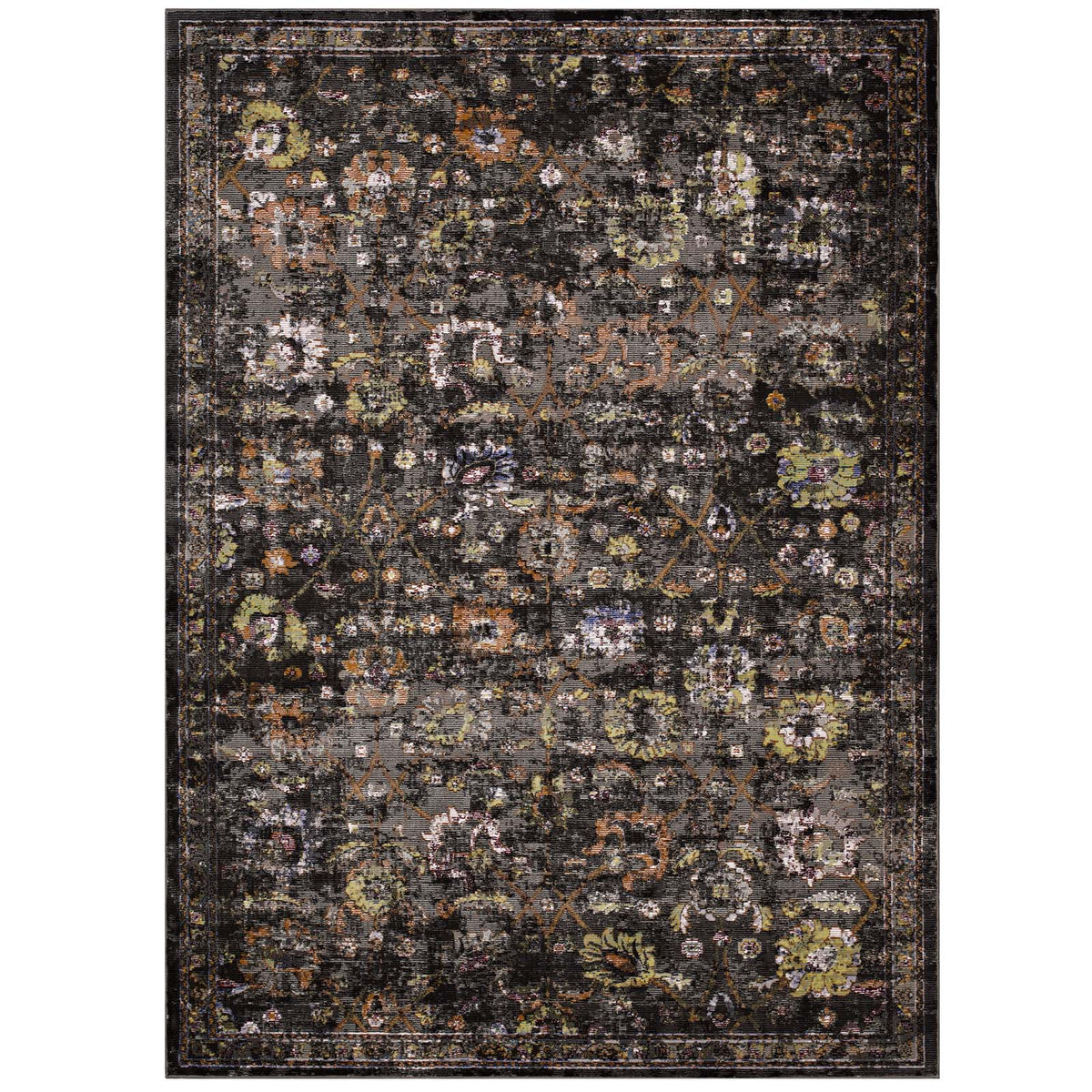 Minu Distressed Floral Lattice 4X6 Area Rug  Black, Yellow And Orange