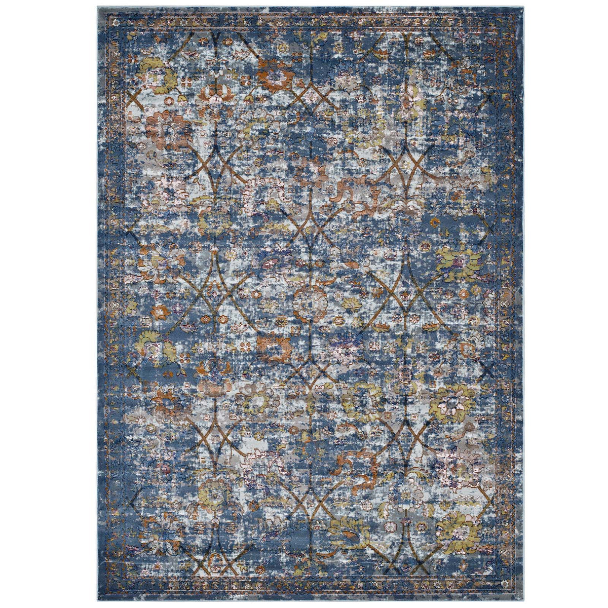 Minu Distressed Floral Lattice 8X10 Area Rug  Blue Gray, Yellow And Orange