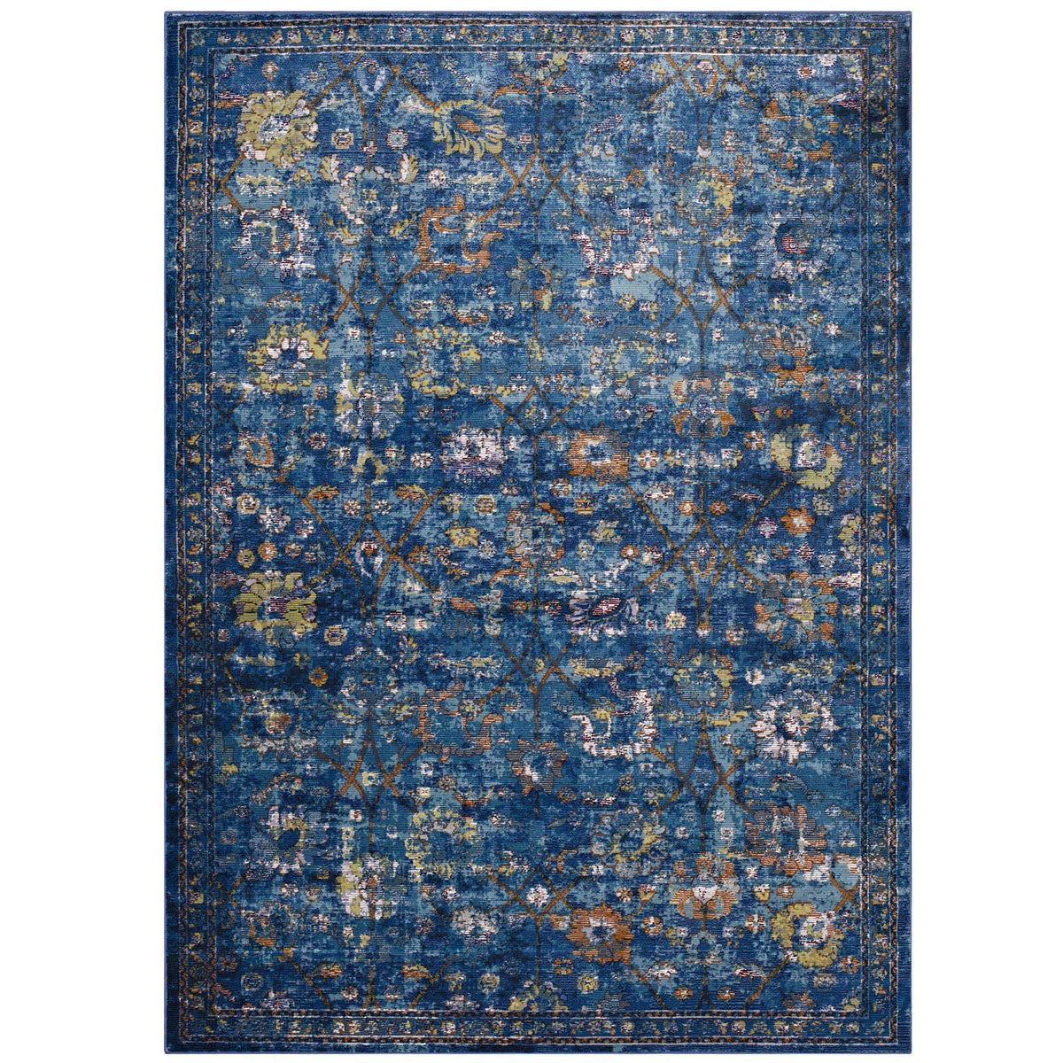 Minu Distressed Floral Lattice 5X8 Area Rug  Dark Blue, Yellow And Orange