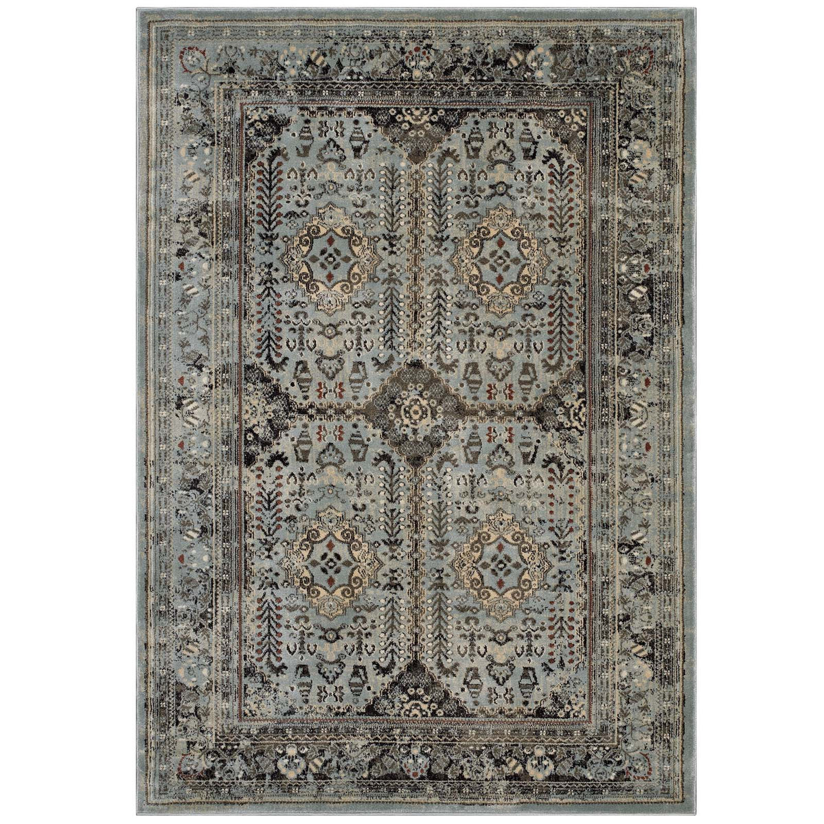 Enye Distressed Vintage Floral Lattice 5X8 Area Rug  Brown And Silver Blue