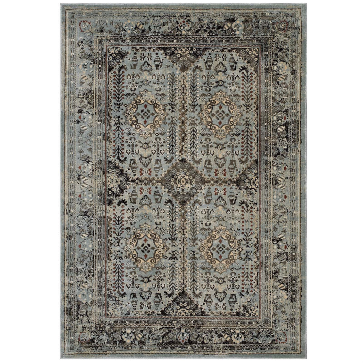 Enye Distressed Vintage Floral Lattice Area Rug  Durable, Stainresistant, 8X10, Brown/Silver Blue