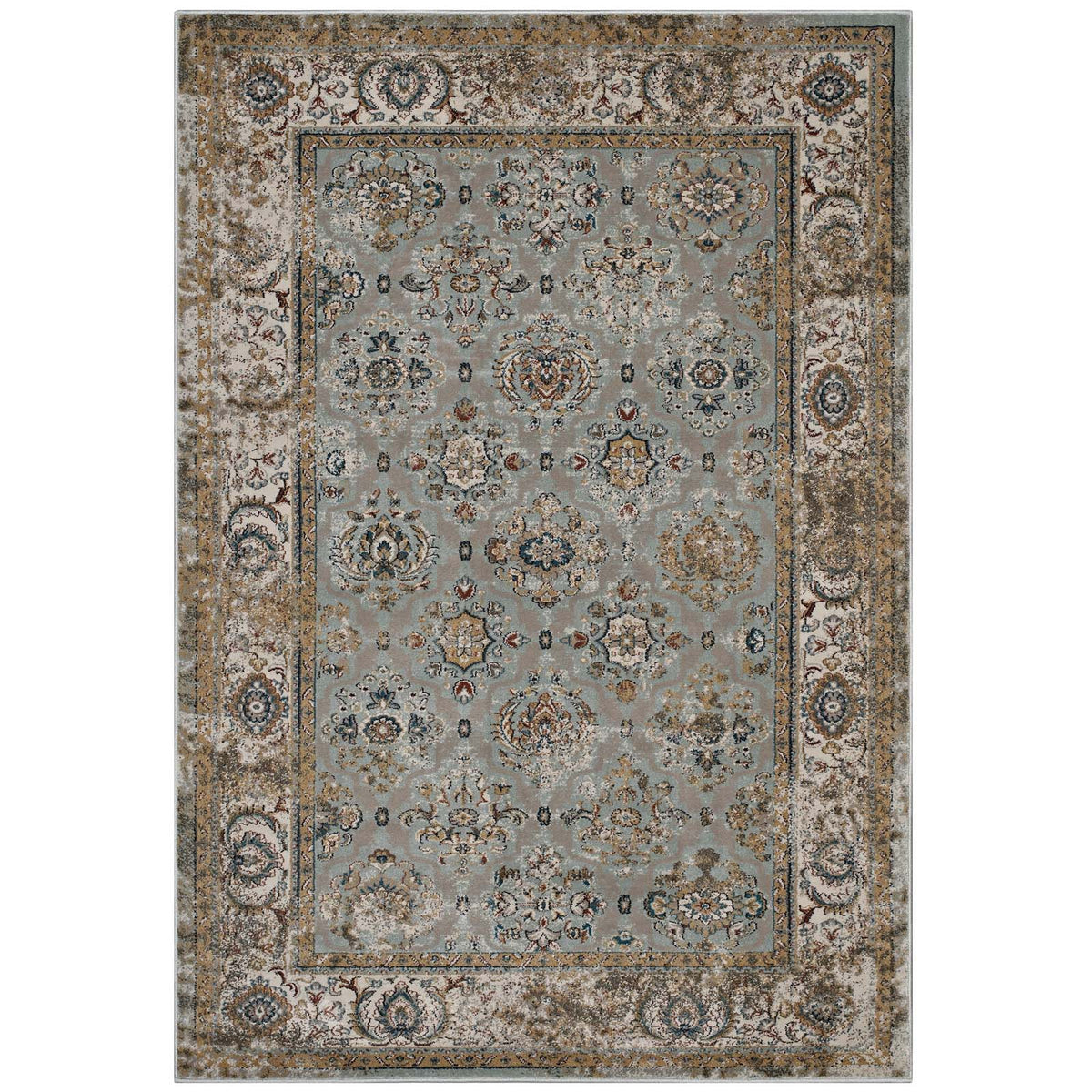 Hisa Distressed Vintage Floral Lattice 5X8 Area Rug  Silver Blue, Beige And Brown