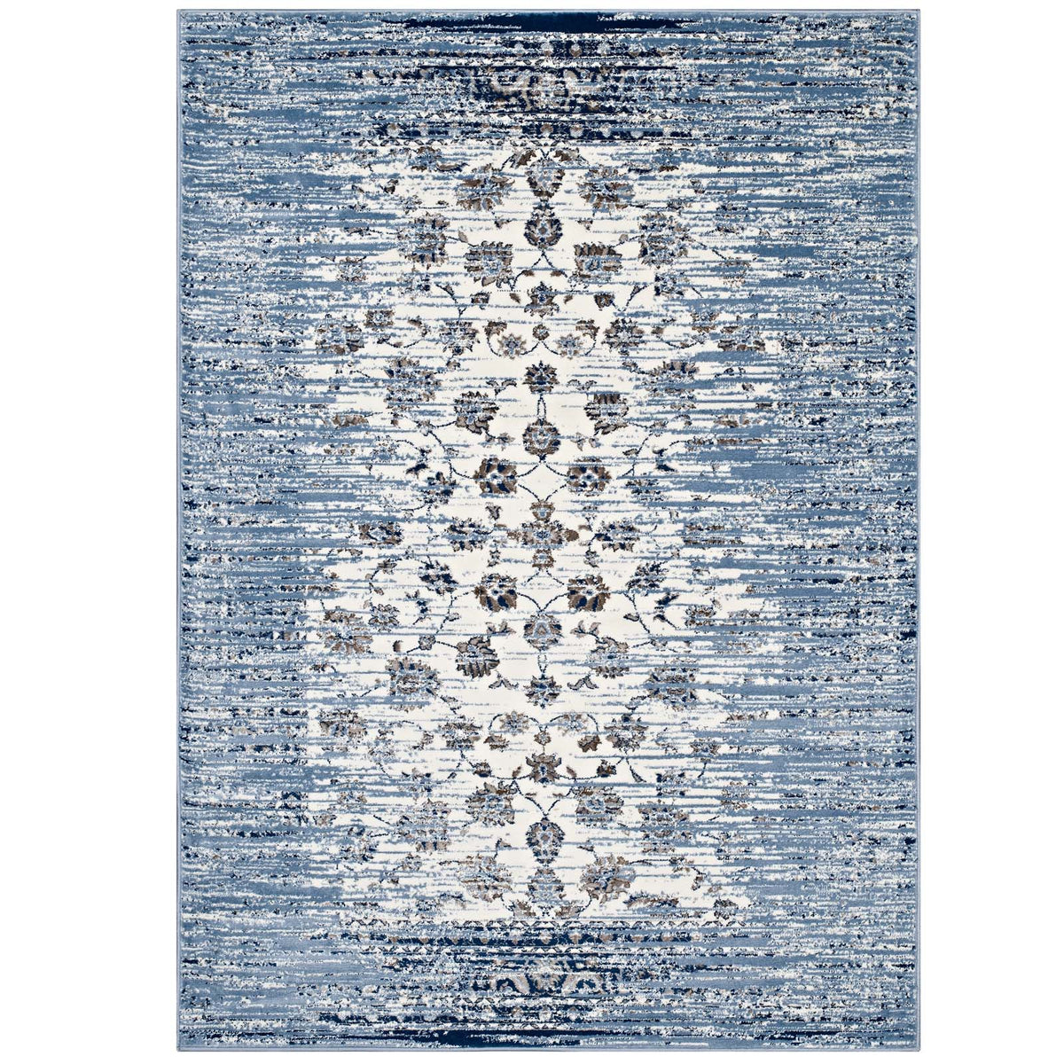 Chiara Distressed Floral Lattice Contemporary 5X8 Area Rug  Moroccan Blue And Ivory