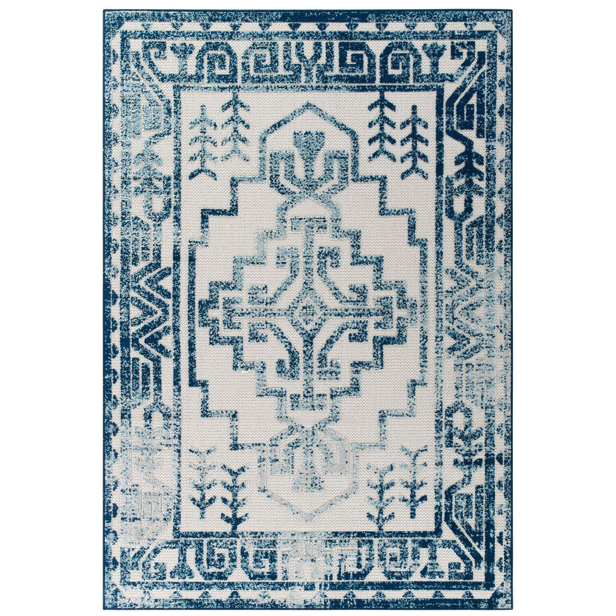 Reflect Nyssa Distressed Geometric Southwestern Aztec 8X10 Indoor And Outdoor Area Rug  Ivory And Blue