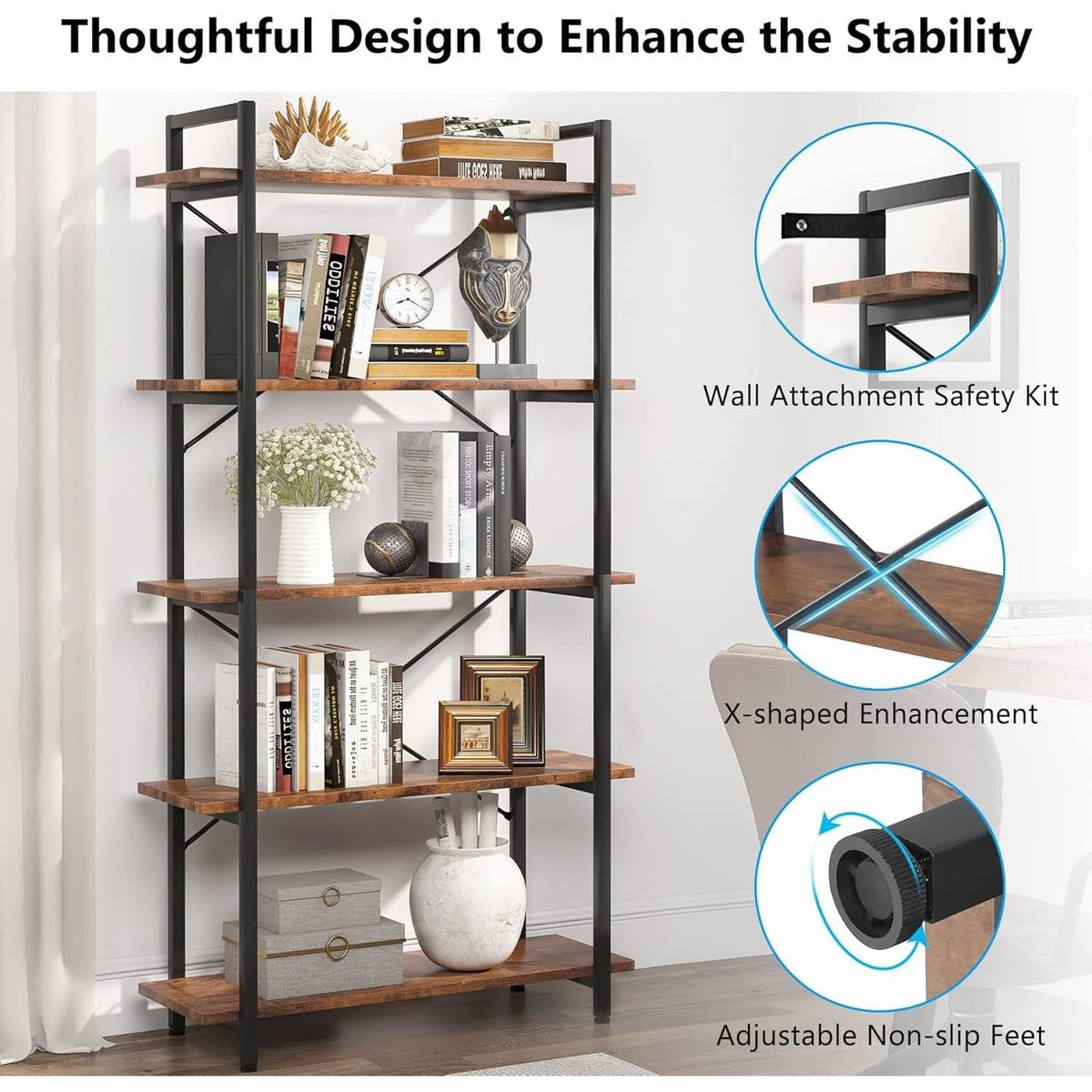 Modern Industrial 5-Shelf Bookcase with Sturdy Metal Frame and Wooden Shelves