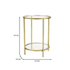 Round Accent Side Table Gold Metal Glass Top Bottom Shelf End Table