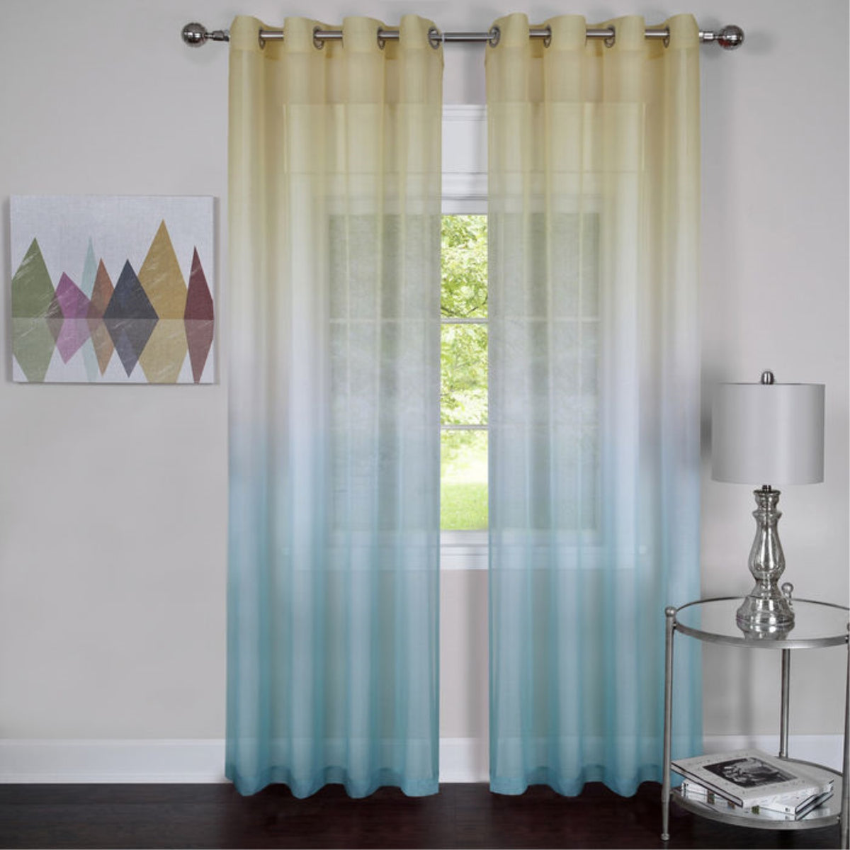 Rainbow Eight Grommet Window Curtain Panel  Semisheer Ombre Effect  Vibrant Colors  52X84  Antique Silver Grommets  Elegan