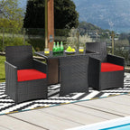3-Piece Patio Furniture Outdoor Dining Set in Brown PE Rattan with Red Cushions