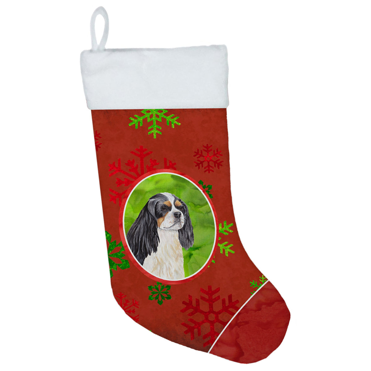 CarolineS Treasures Sc9431Cs Cavalier Spaniel Red And Green Snowflakes Holiday Christmas Stocking, 11 X 18 Inch  Inch , Multicolor