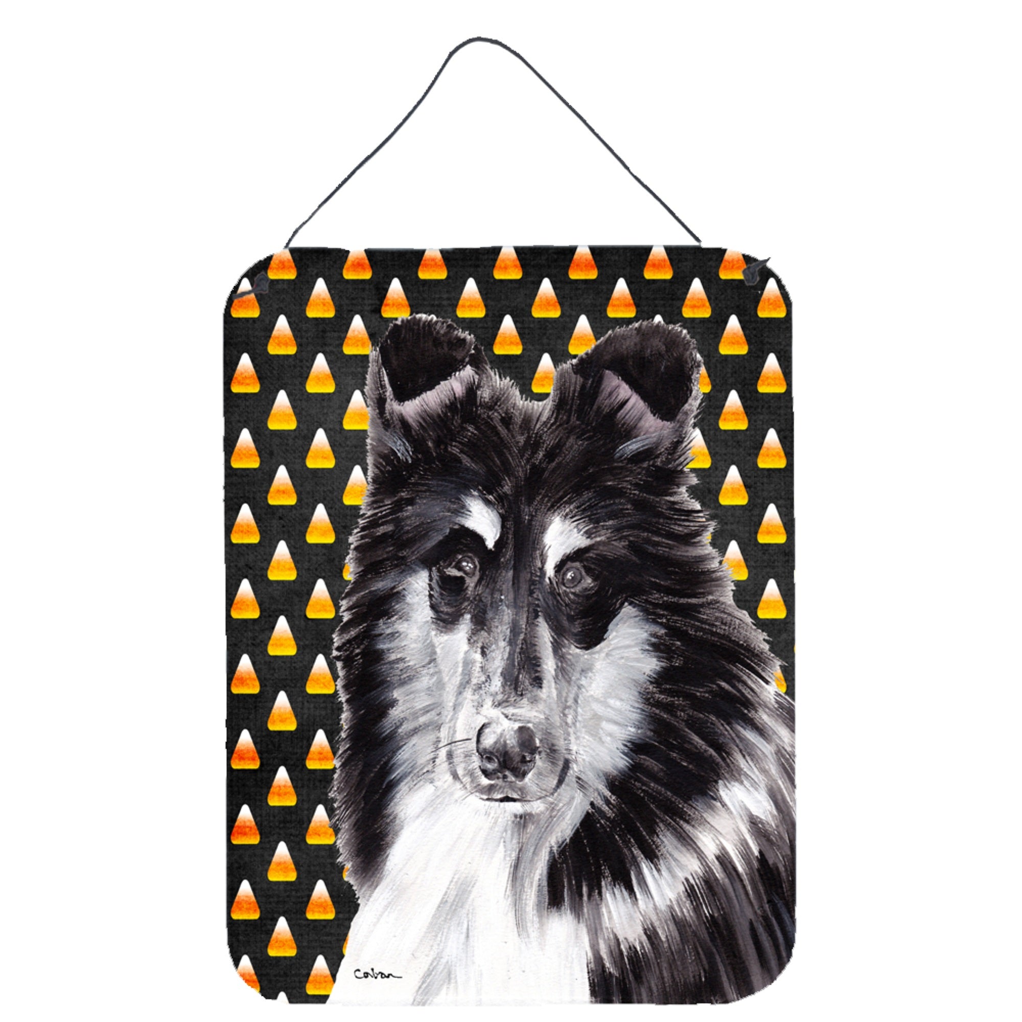Carolines Treasures Black and White Collie Candy Corn Halloween Wall or Door Hanging Prints 16 x 12