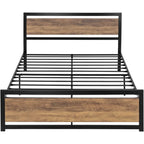 Full Metal Platform Bed Frame with Brown Wood Panel Headboard and Footboard