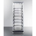 24 wide upright mini reachin beverage center with stainless steel interior, black cabinet, glass door, and dolly