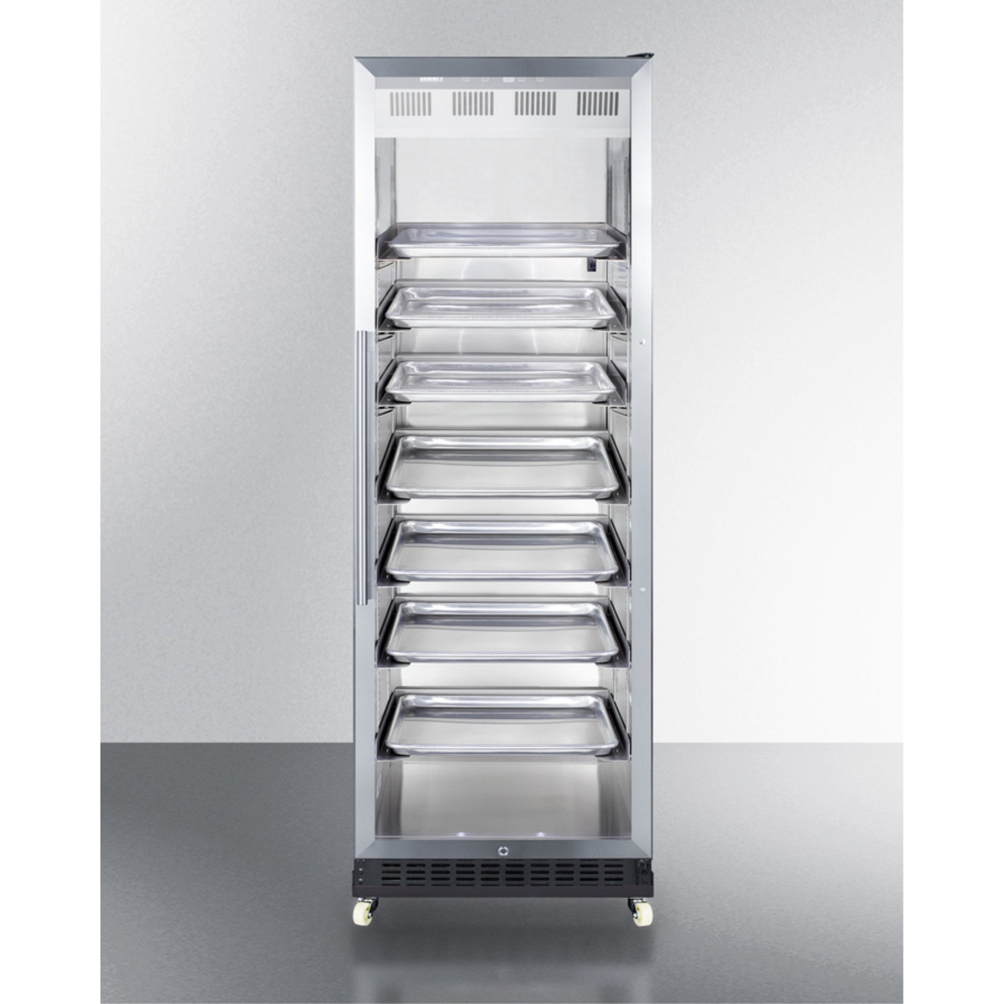 24 wide upright mini reachin beverage center with stainless steel interior, black cabinet, glass door, and dolly