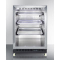 Mini reachin beverage center with black cabinet, glass door, and dolly