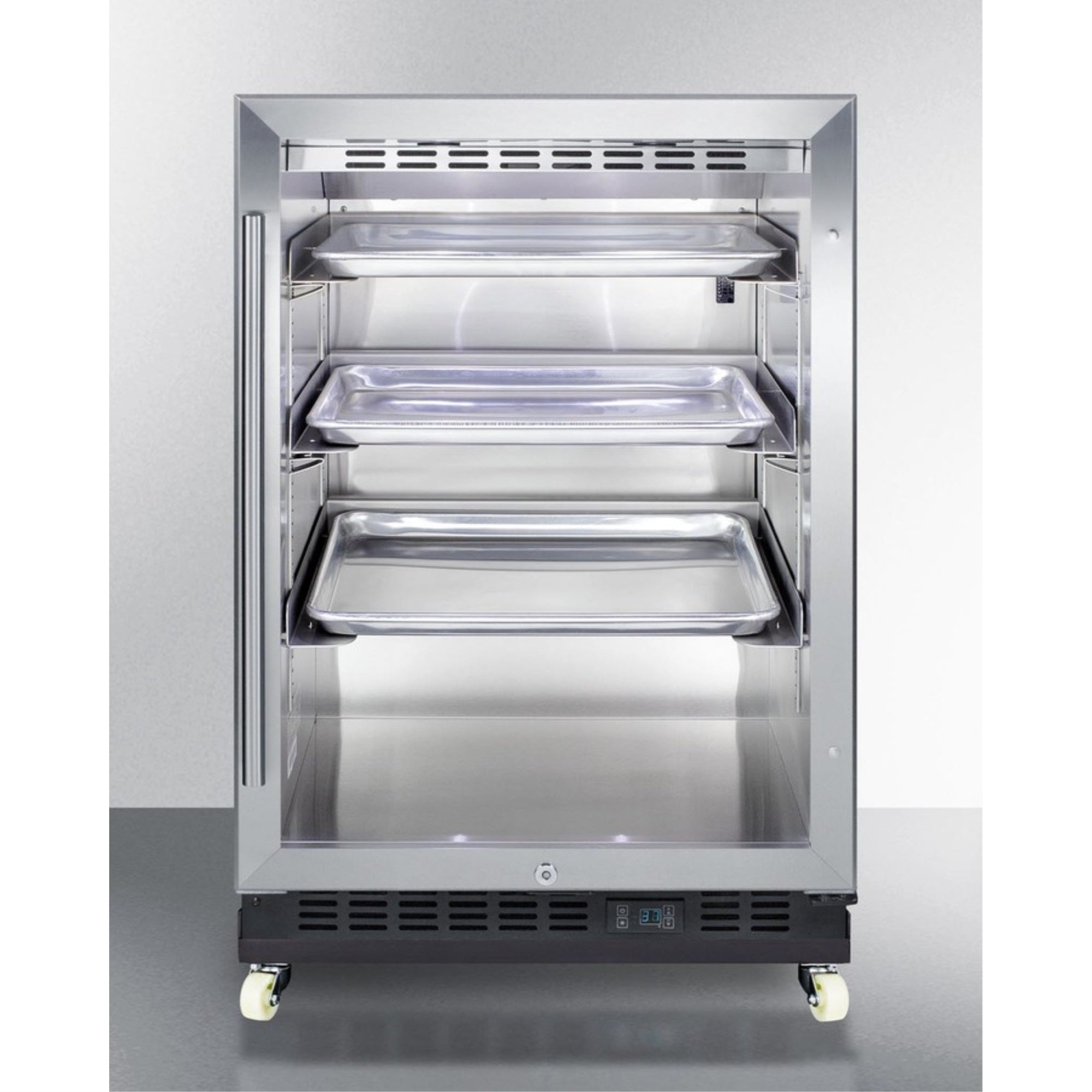 Mini reachin beverage center with black cabinet, glass door, and dolly
