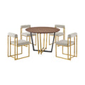 Joana Anastasia 5 Piece Round Walnut Dining Table Set with Metal Frame and Upholstered Chairs