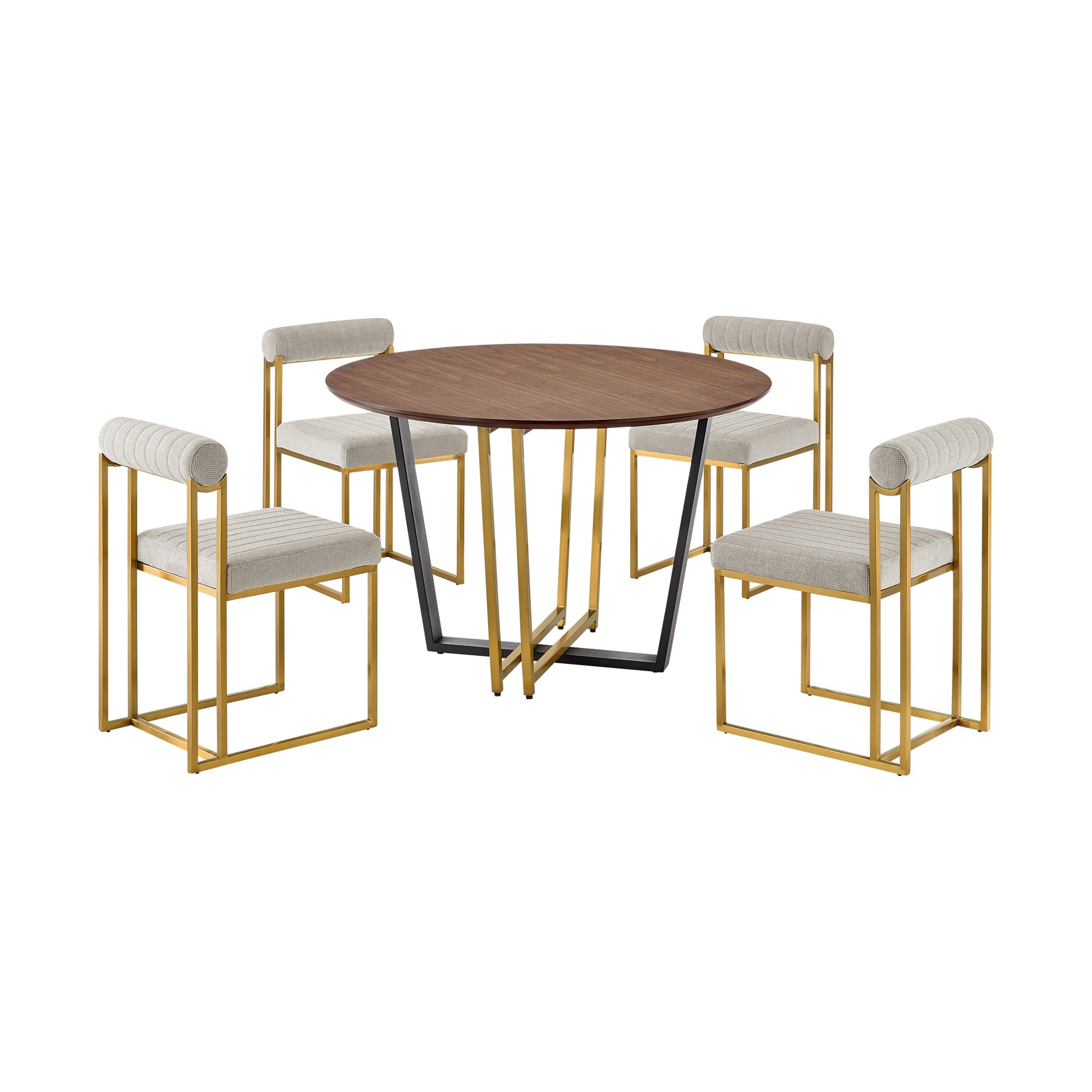 Joana Anastasia 5 Piece Round Walnut Dining Table Set with Metal Frame and Upholstered Chairs