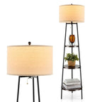 Modern Floor Lamp 3-Tier Bookcase Shelf with Round Drum Linen Lampshade