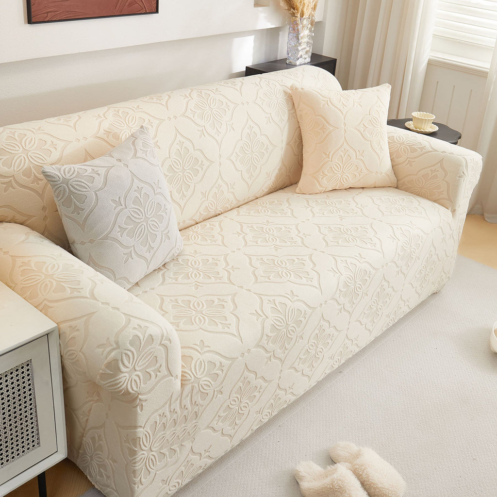 3D Damask Jacquard Stretch Sofa Cover Thick Polar Fleece Couch Slipcover with Straps