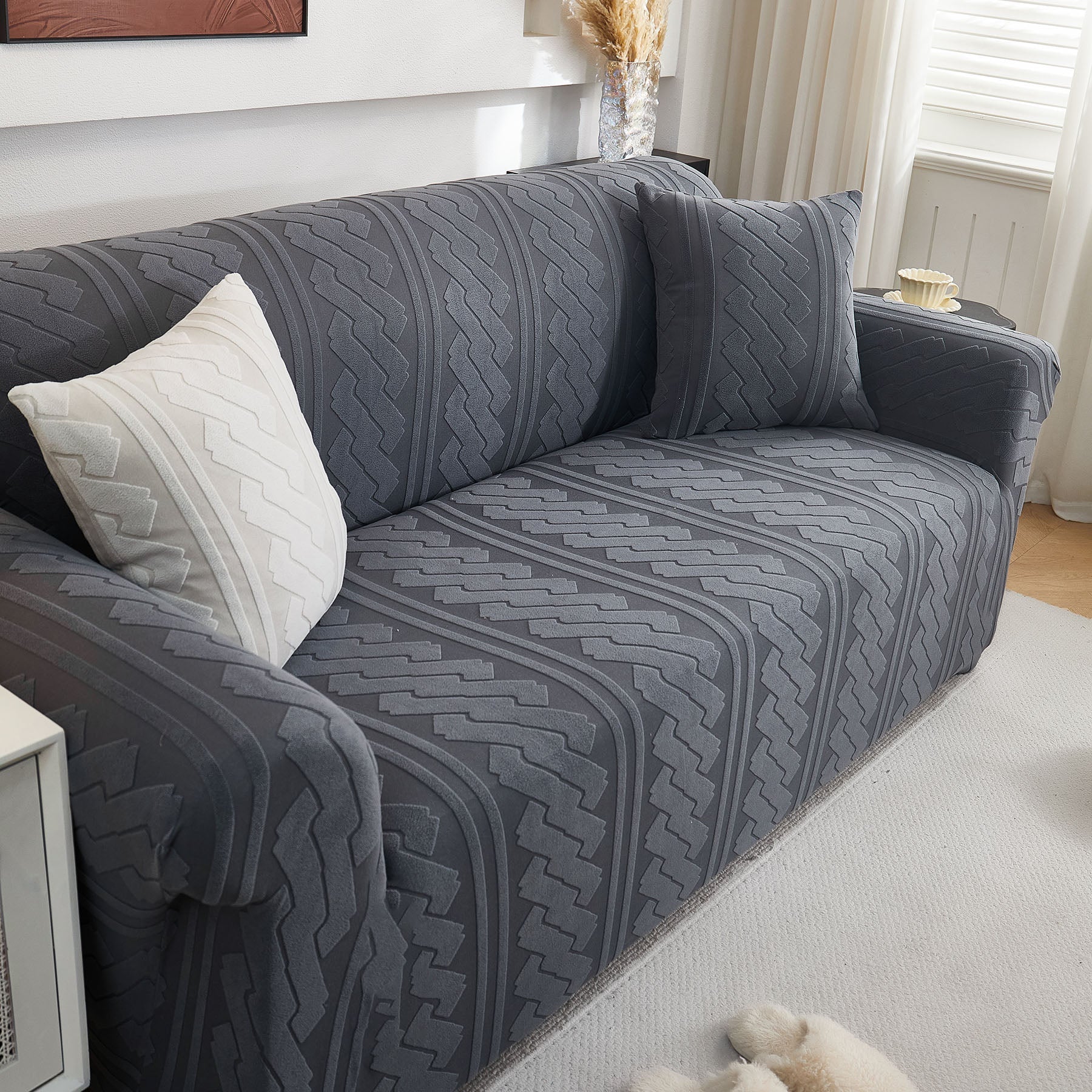 3D Embossed Geometric Couch Slipcover, Stretch Washable Non Slip Furniture Protector