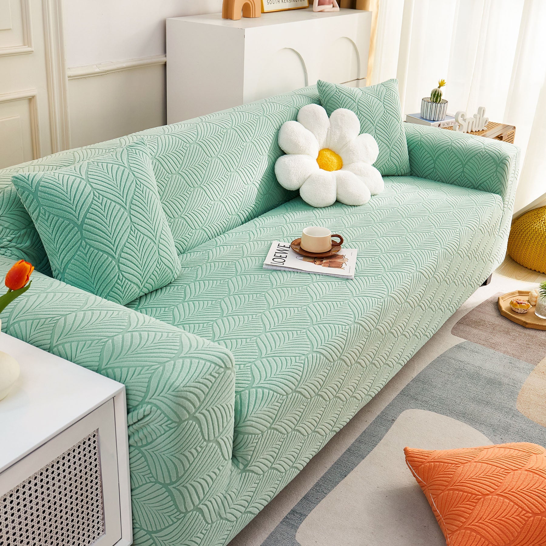 3D Leaves Jacquard Couch Slipcovers Non-Slip Cozy Stretchy Couch Covers for Sectional