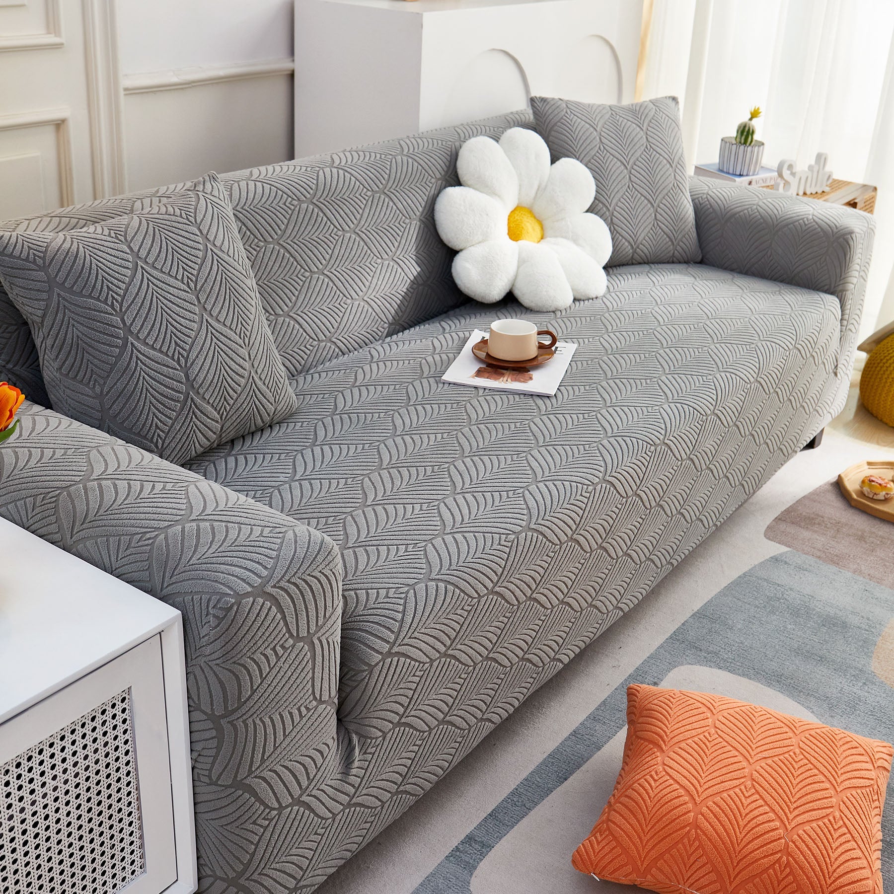 3D Leaves Jacquard Couch Slipcovers Non-Slip Cozy Stretchy Couch Covers for Sectional