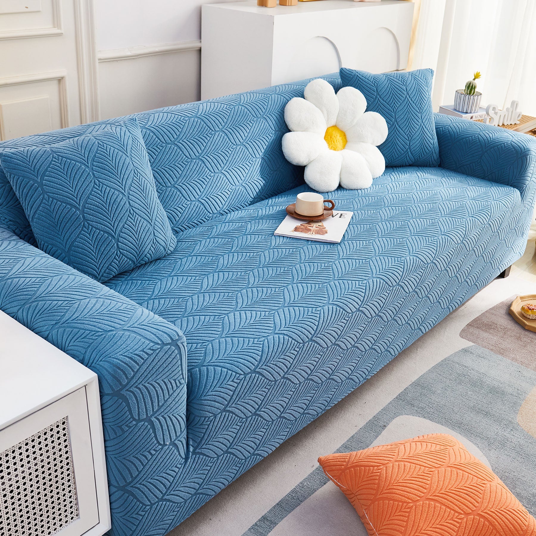3D Leaves Jacquard Couch Slipcovers Non-Slip Cozy Stretchy Couch Covers for Sectional