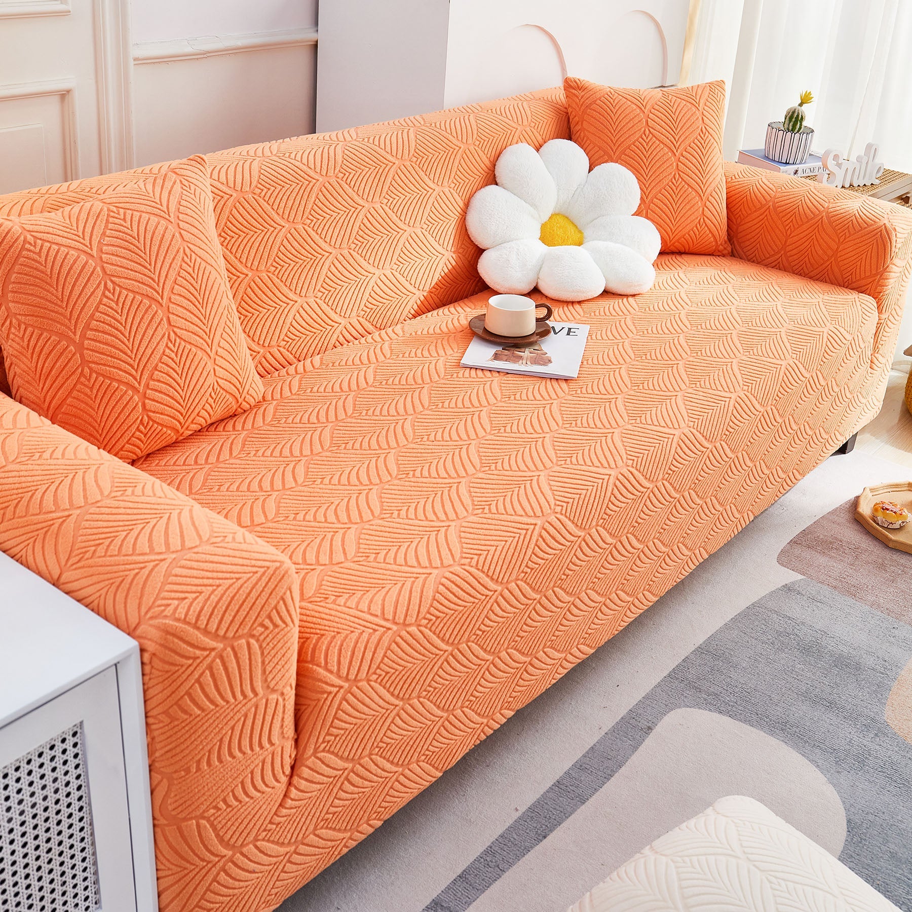 3D Leaves Jacquard Couch Slipcovers Non-Slip Cozy Stretchy Couch Covers for Sectional